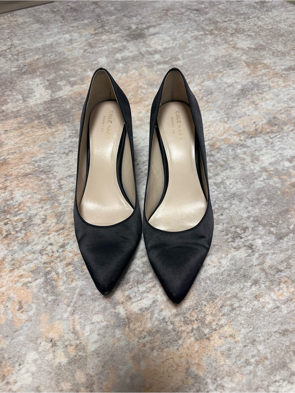 Cole Haan Black Satin Pointed Toe Pumps
